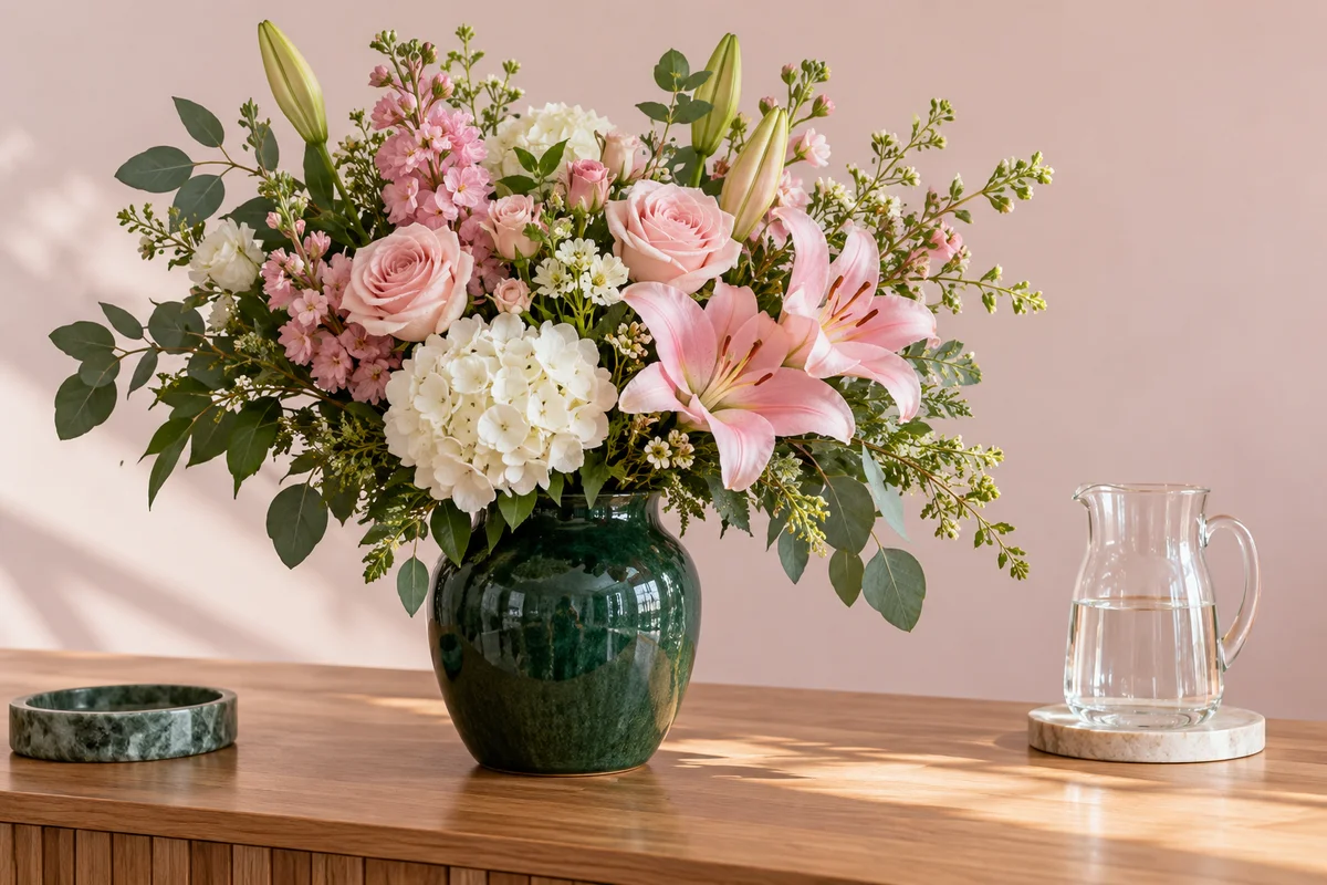 Illustratief bloemenabonnement met een boeket in een groene vaas